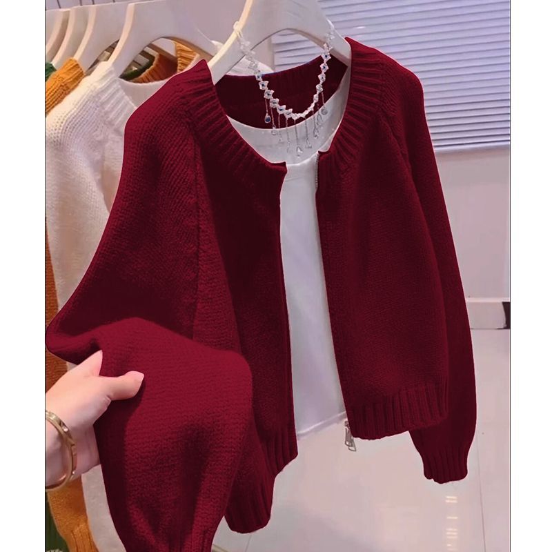 New Year's Shirt Red Zipper Knitted Cardigan Sweater Jacket Women's Autumn and Winter New Loose Outer Bottoming Top Thick