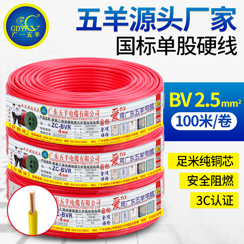 国标BV电线电缆线阻燃铜线缆铜芯硬线家用电源线家装工业纯铜电线