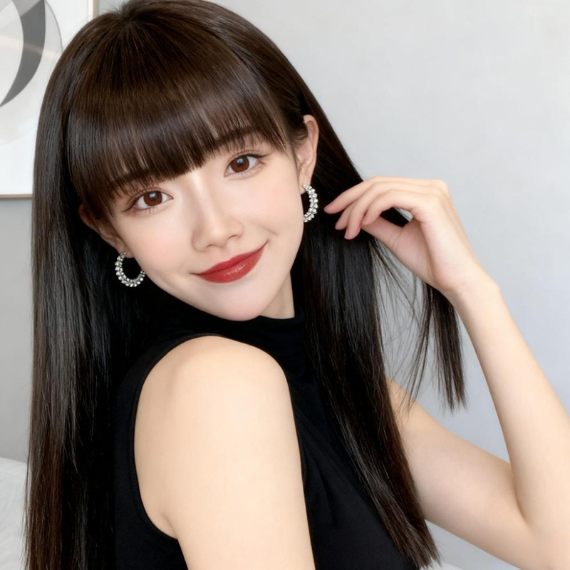 Source Factory Wig Female Long Hair with Bangs Simulated Full Headgear Internet Celebrity Daily Black Long Straight Hairstyle Ready for Sale