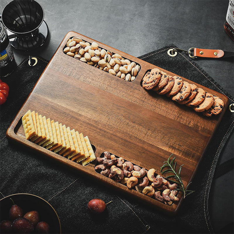 Bandeja de madera, bandeja de tabla de cortar disponible de doble cara creativa, bocadillos de frutas, tabla de queso, bistec, plato de queso dividido