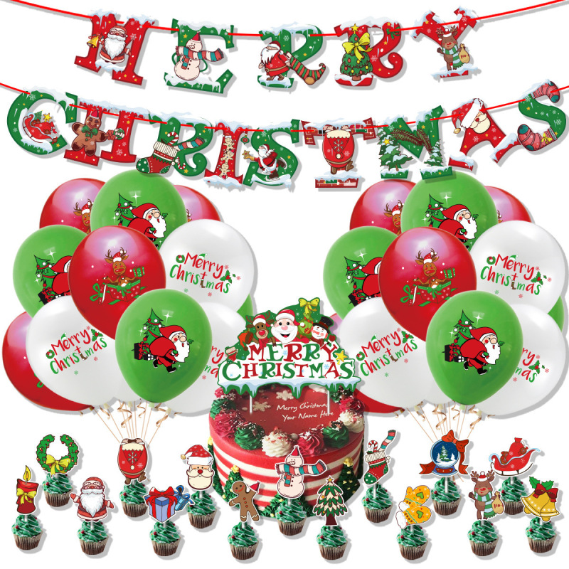 新款圣诞节MerryChristmas圣诞老人雪人拉旗蛋糕插牌气球派对套装|undefined