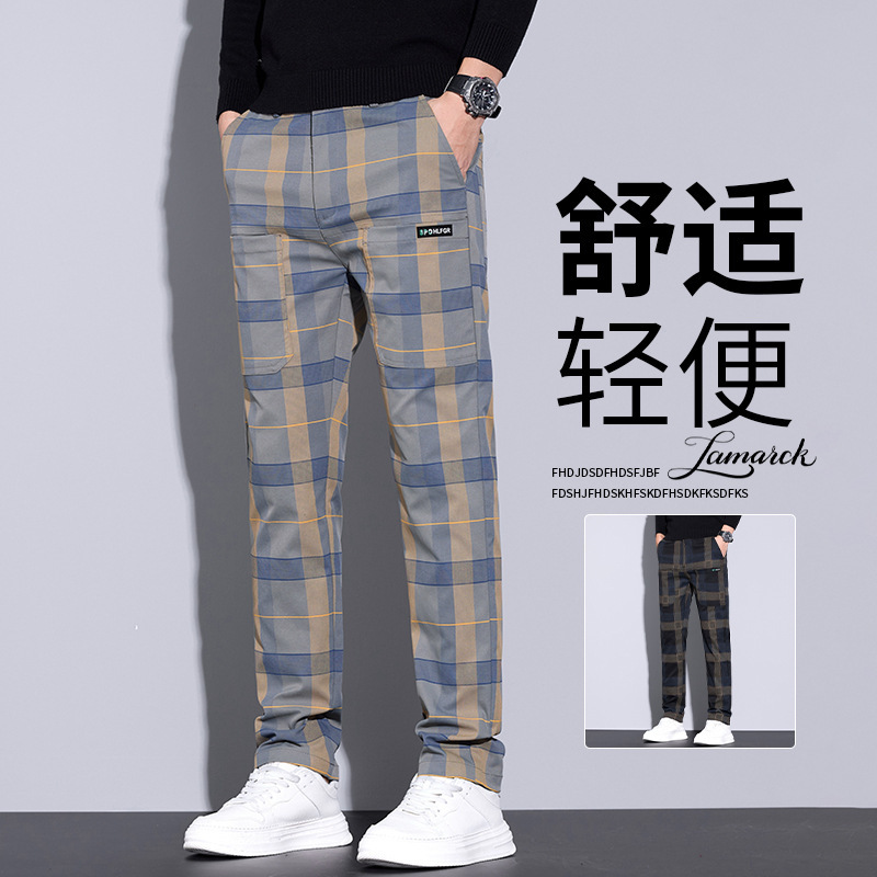 2026 Autumn New Men's Plaid Casual Pants Comfortable Versatile Stretch Six-Pocket Straight-Leg Pants Men's Plus Size Pants