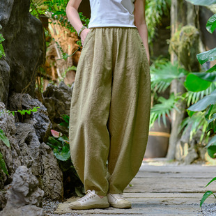 2025 Autumn Cotton and Linen Women's New Retro Sand Washed Linen Large Size Casual Pants Loose Meditation Tai Chi Lantern