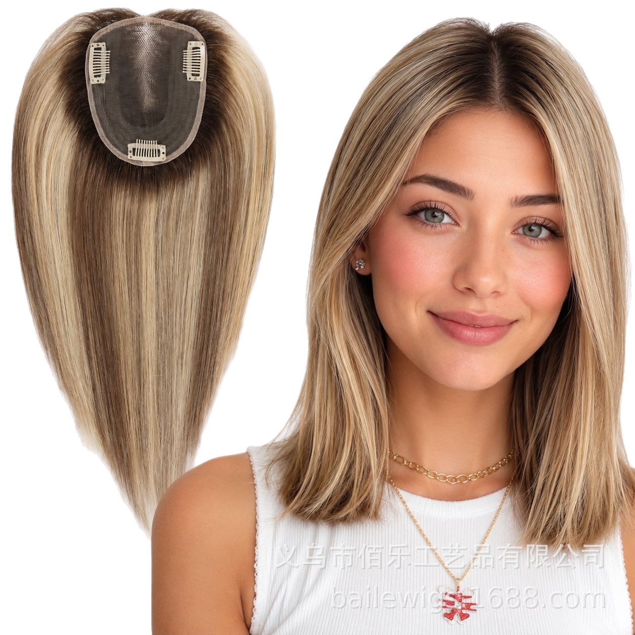 Bloqueo de cabello real europeo y americano marrón oro picado teñido aguja de entrega ligera transpirable tejido a mano bloque de cabello de costura al por mayor spot transfronterizo
