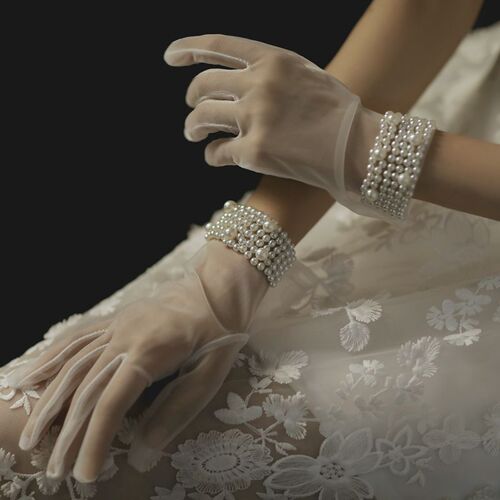 Lace Bridal Gloves White Women's Thin Spring Autumn and Summer Photography Korean Wedding Dress Fairy Pearl Wedding Gloves