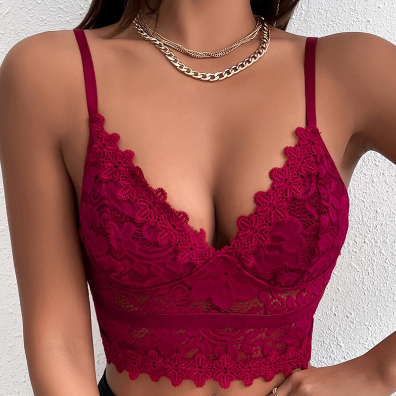 Solid Color Lace Deep V-Neck Wrap Chest Camisole NSSCY108558