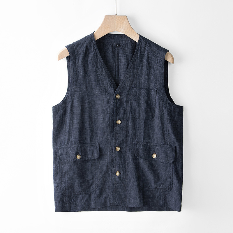 Japanese Fashionable Casual Linen Vest Men's Thin Loose Waistcoat Yarn-dyed Vest Lunch Break Cotton and Linen Suit Jacket