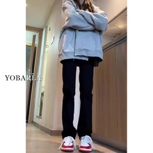 弹力黑色牛仔裤女加绒2025秋冬新款胖mm高腰显瘦直筒梨型身材长裤