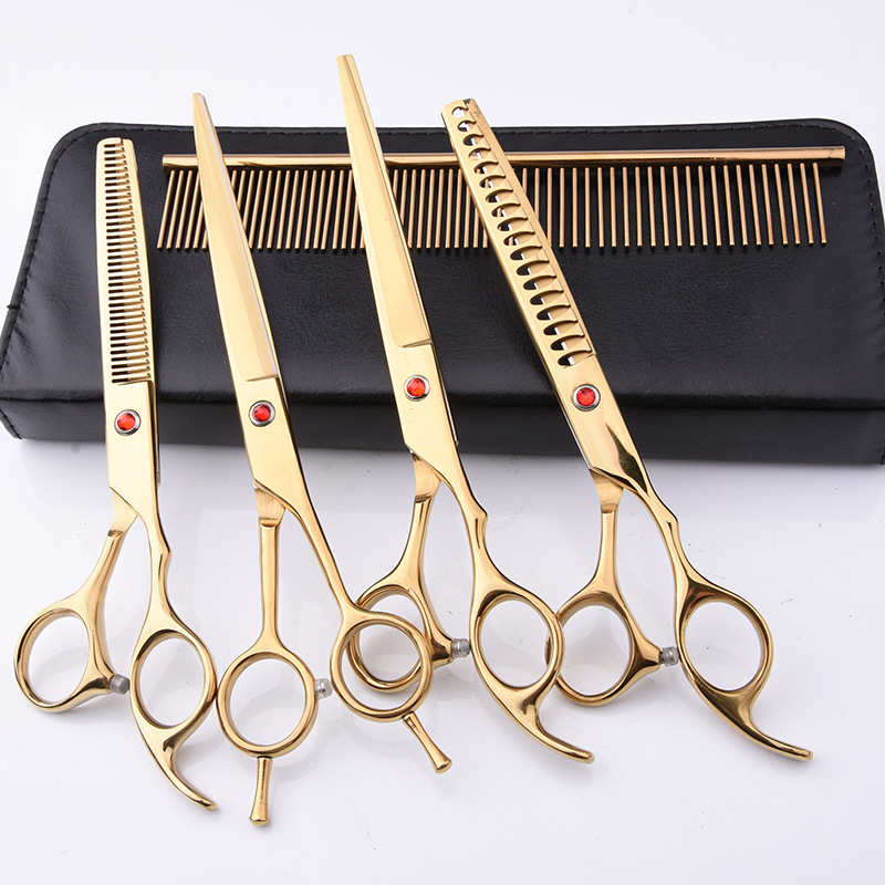 Directo de fábrica de acero inoxidable de 7 pulgadas para mascotas tijeras de belleza profesional de corte de pelo de perro tijeras curvas Teddy adelgazamiento tijeras traje