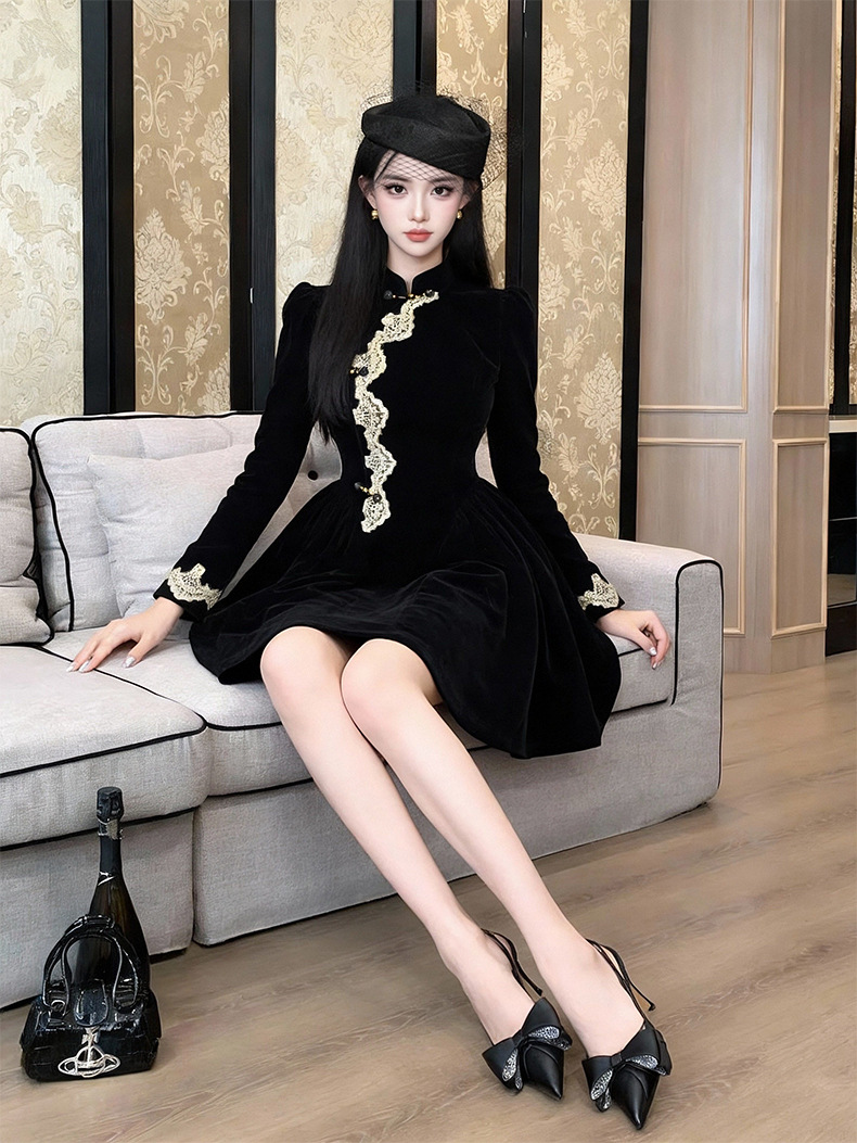 Váy sườn xám cải tiến phong cách Tân Trung Hoa chất nhung dáng suông midi — đen chi tiết 5