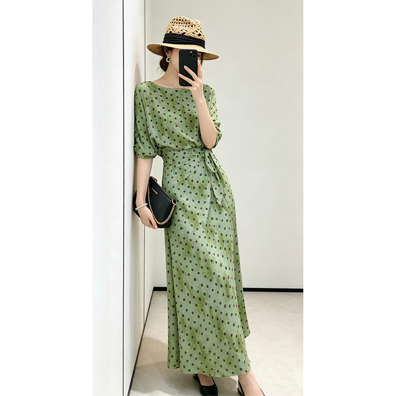 Tiktok Hot-Selling Plus-Size French-Style Polka Dot Print Waist-Cinching Dress for Women, Summer Green Elegant Long Dress 2695