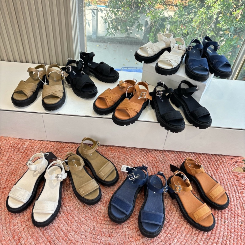 Pra Spring/Summer New Roman Fisherman Buckle Sandals Retro Serrated Thick Sole 5.5cm Cross-Strap Canvas Sandals Pra Spring/Summer New Roman Fisherman Buckle Sandals Retro Serrated Thick Sole 5.5cm Cross-Strap Canvas Sandals