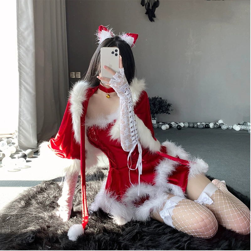 Костюм-юбка с капюшоном (Christmas), бархат с искусственным мехом, универсальный размер, эффект подъёма