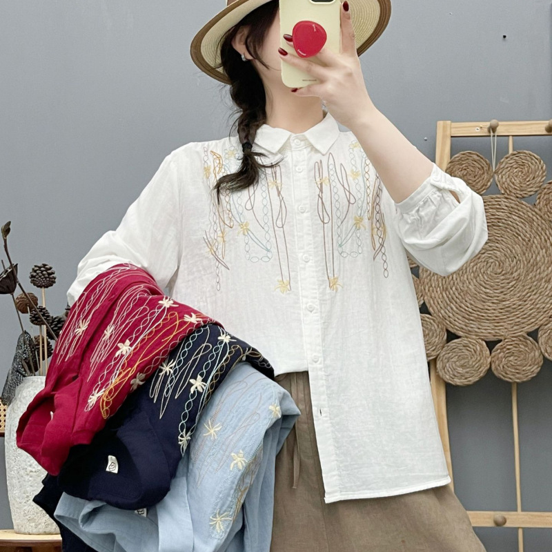 Gauze Embroidered Lapel Long-Sleeved Shirt for Women, New Early Spring Style, Elegant and Loose-Fitting, Versatile Cotton Gauze Top for Women Gauze Embroidered Lapel Long-Sleeved Shirt for Women, New Early Spring Style, Elegant and Loose-Fitting, Versatile Cotton Gauze Top for Women