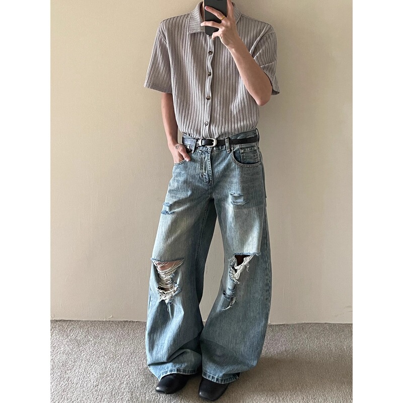 Ripped Jeans Men's Straight Loose Scimitar Wide-Leg American High Street Pants Trendy Versatile Retro Washed Trousers
