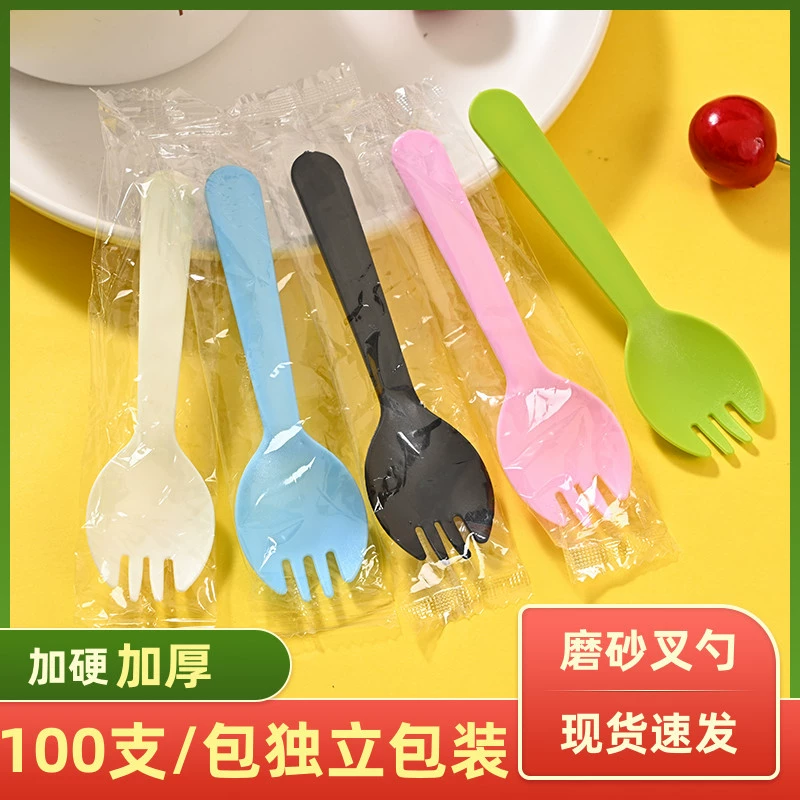 Plastic disposable spoon, fruit fork, dessert pack for ice cream, increased thickness