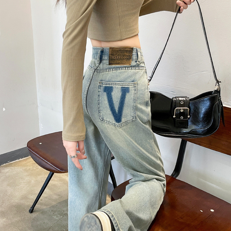 light blue Letter V Wide Leg Jeans Women's Autumn Thin High Waist Loose Straight Narrow Stitching Contrast Color