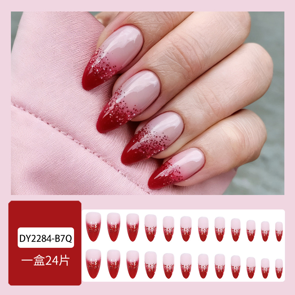 Comercio exterior otoño y invierno mejores ventas de uñas de estilo francés temperamento vino rojo blanco 24 piezas de uñas falsas de estilo europeo y americano