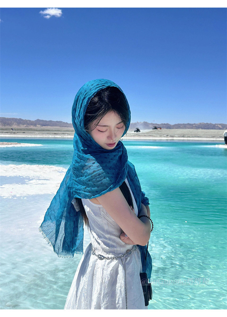 Hijab de seda y chal de algodón y lino para mujer azul lago_voghion.com