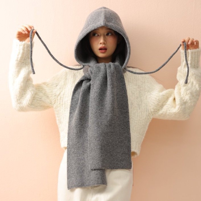 2025 Winter Pure Color Rope Hooded Scarf for Women Thick and Warm Korean Student Versatile Hooded Scarf and Shawl All in One