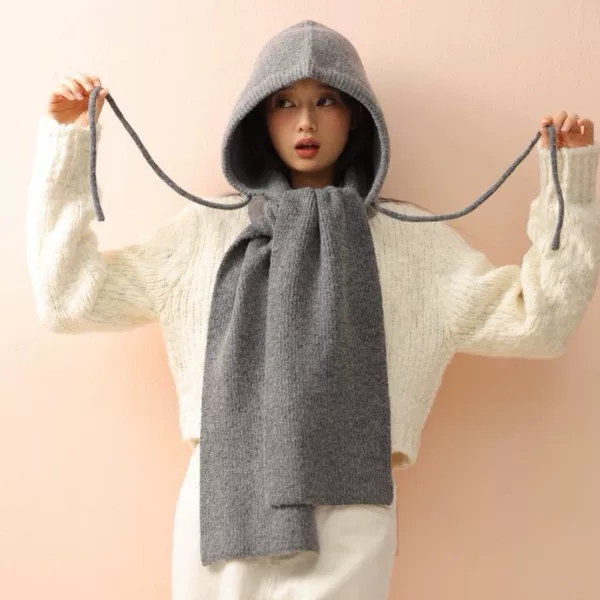 2025 Winter Pure Color Rope Hooded Scarf for Women Thick and Warm Korean Student Versatile Hooded Scarf and Shawl All in One