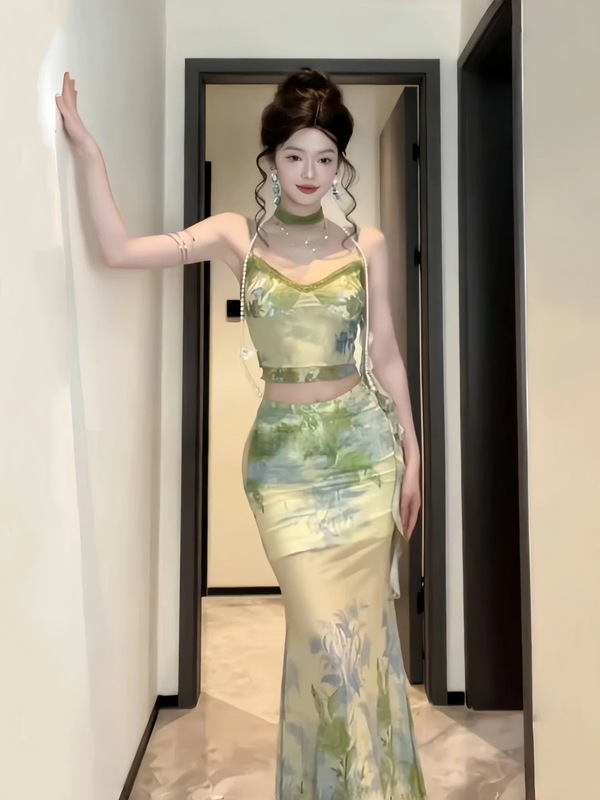 复古风中式上衣长裙套装印花吊带气质半身裙显瘦ins两件套|undefined