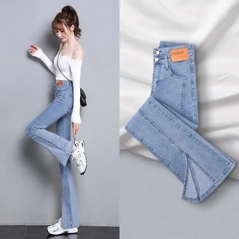 Light-Colored High-Waisted Flared Jeans for Women, 2026 Autumn New Versatile Slim-Fit Split-Flare Floor-Length Pants Trendy