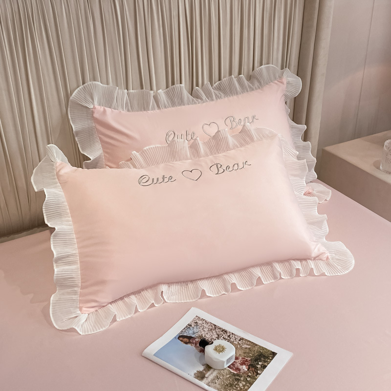 Funda de almohada de seda de hielo de verano estilo princesa, un par de fundas de almohada de encaje lavables, estilo fresco de verano 48cm x 74cm