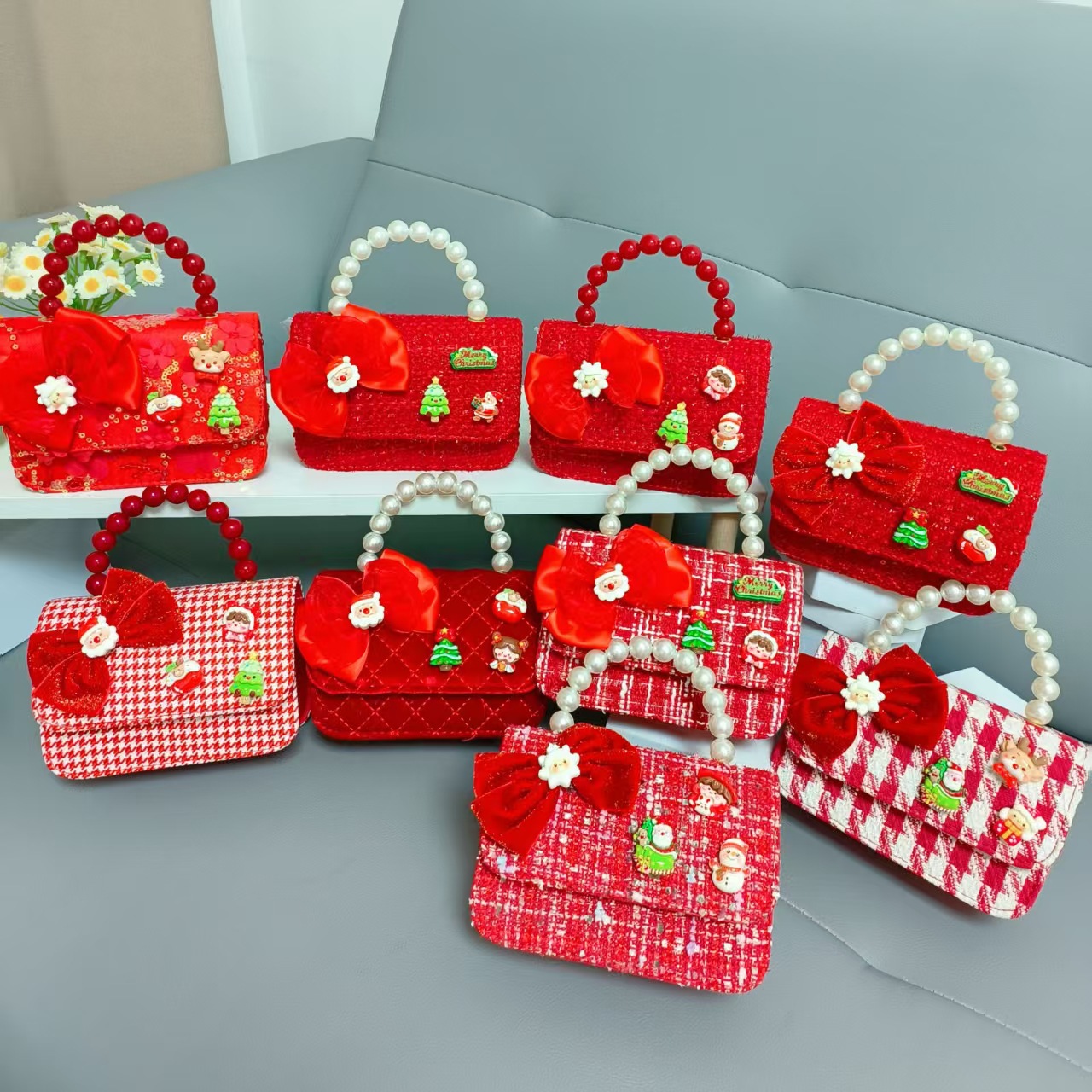 Cartera de Año Nuevo rojo arco de papá Noel bolso de perla pequeña cadena de viento fragante bolso de hombro