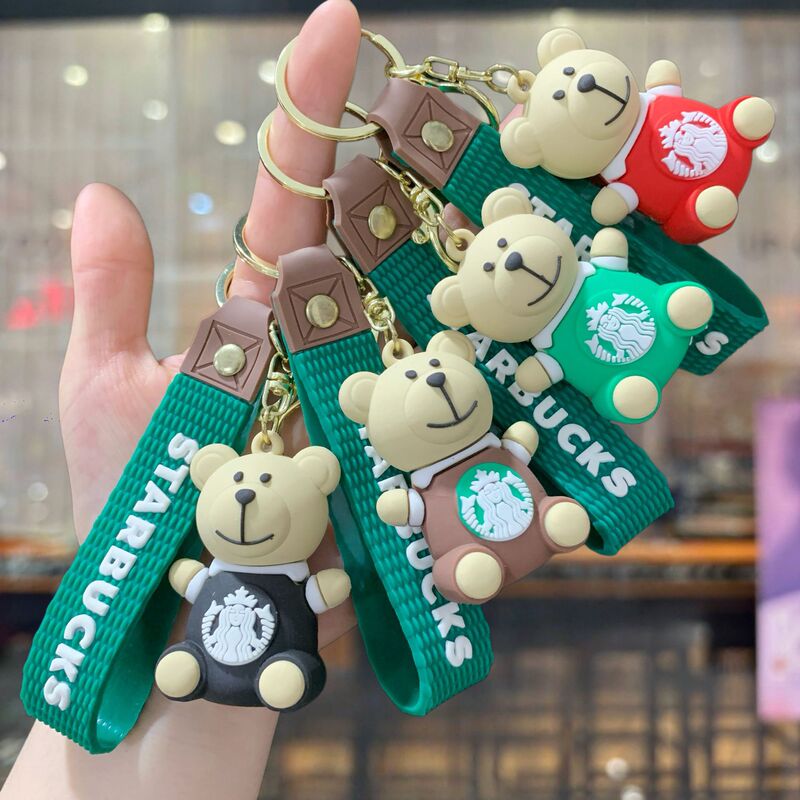 Creative cartoon Starbucks bear keychain accessory, PVC soft rubber 3D figurine, cute bear pendant