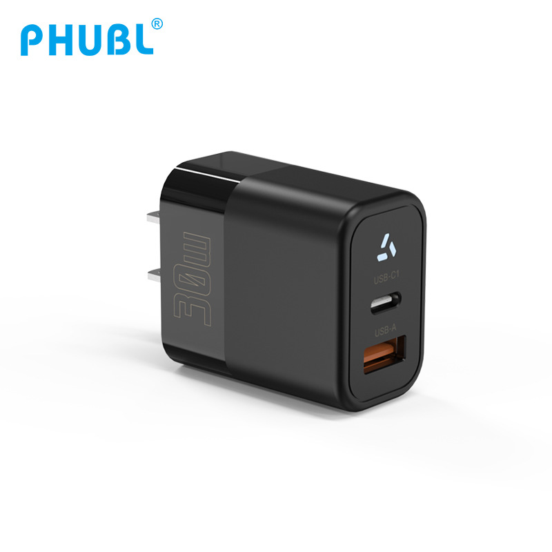 Certificación de carga rápida 3C aplicable al cargador de nitruro de galio de doble puerto Apple con luz Cabezal de carga de teléfono móvil estándar medio PD30W