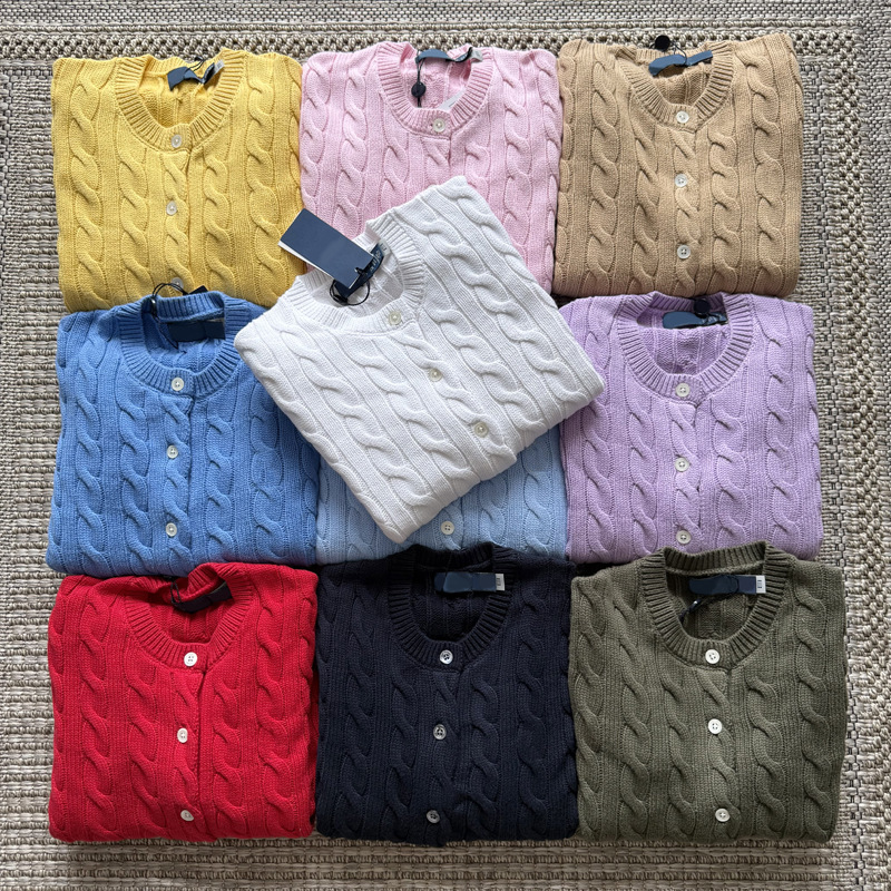High-quality RL Ralph classic all-cotton cardigan cable knit sweater for women, autumn and winter, with small horse logo embroidery and large cable knit design High-quality RL Ralph classic all-cotton cardigan cable knit sweater for women, autumn and winter, with small horse logo embroidery and large cable knit design