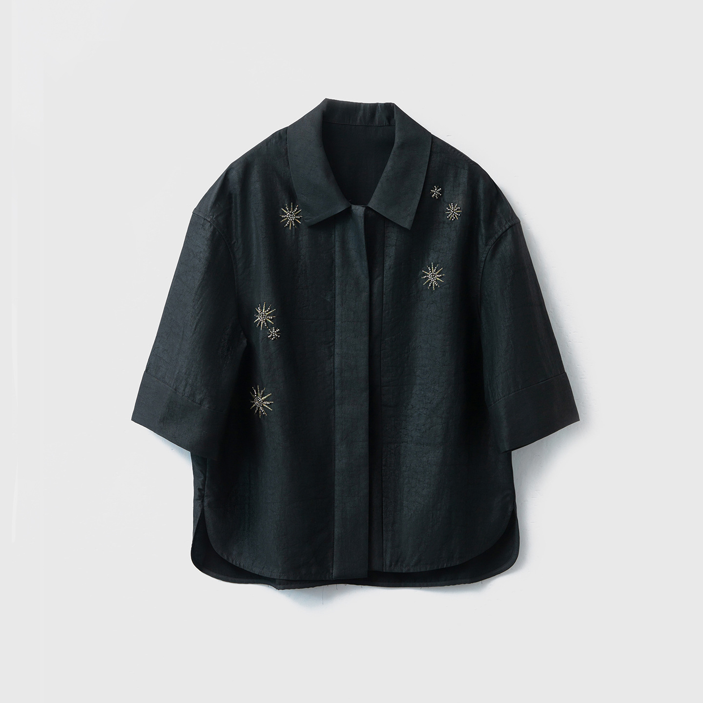 Silk Fragrant Cloud Yarn Red Cloud Yarn Short-Sleeved Shirt for Women 100 Mulberry Silk Beaded Embroider Polo Collar Top Autumn New Style