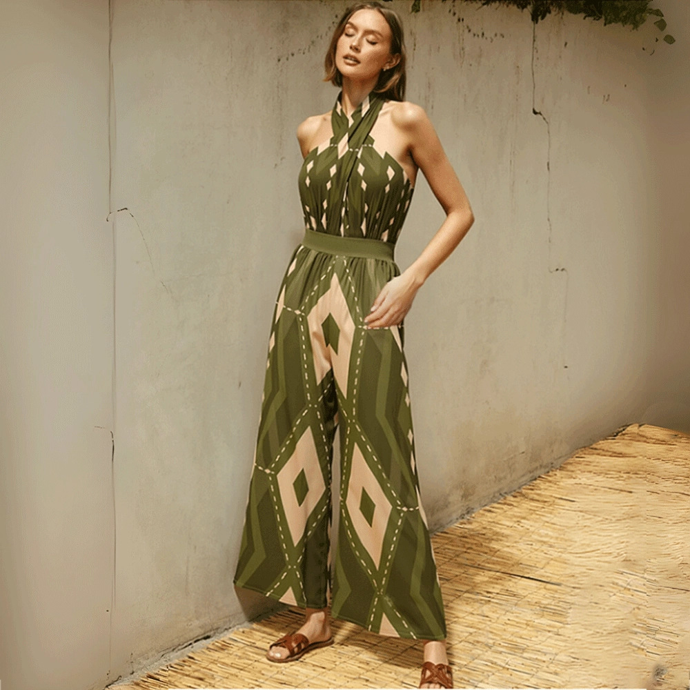 Women's One Piece Swimsuit Halter Neck Backless Printed Beachwear_voghion.com
