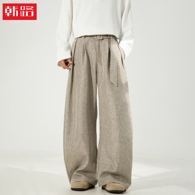 Men's Autumn Style Three-Dimensional Pleated Drapey Curved-Cut Trousers, Loose Straight-Leg Pants, Old Money Style with Belt, Casual Pants