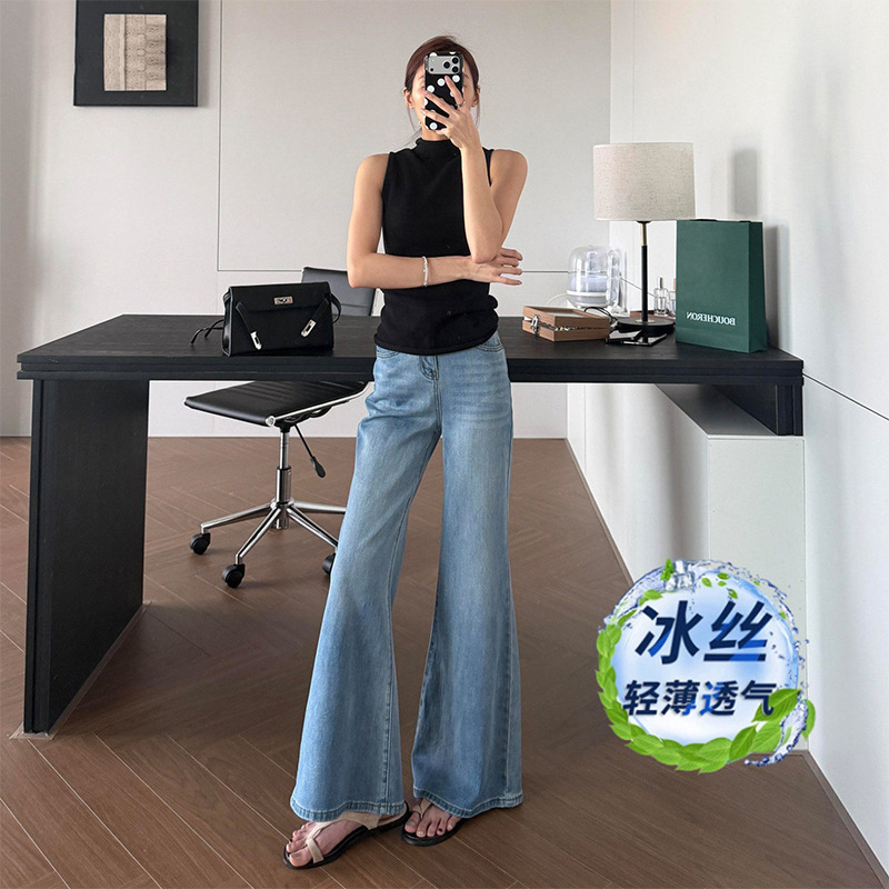 American-Style Ice Silk Micro-Flare Jeans for Women, Summer 2026, Thin Style, Petite, Slimming, Non-Tight, Retro Flared Pants American-Style Ice Silk Micro-Flare Jeans for Women, Summer 2026, Thin Style, Petite, Slimming, Non-Tight, Retro Flared Pants