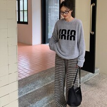 1001绵绵热能衣套装冬季新款半边绒加厚保暖宽松条纹家居服女慵懒