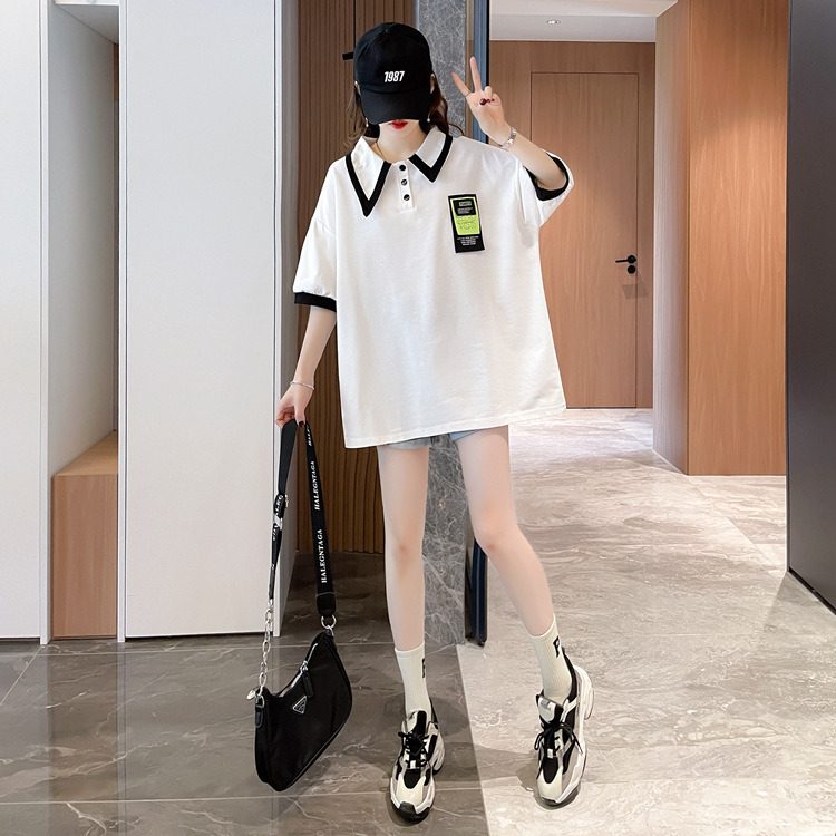 一键铺货2022夏季新款撞色短袖t恤女时尚韩版设计感翻领女装跨境详情14