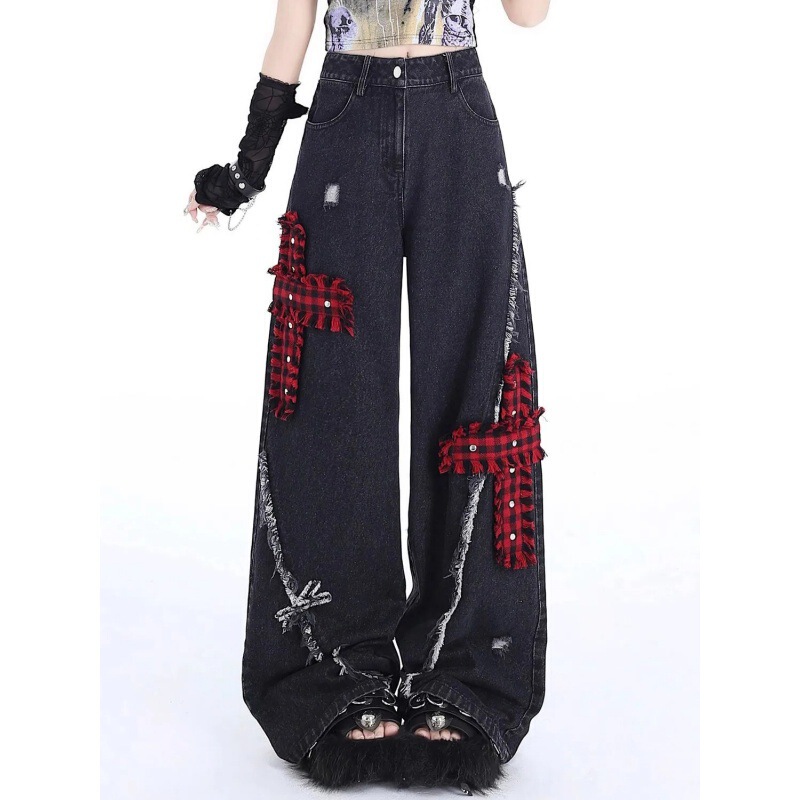 Rock Punk Ripped Straight Leg Wide Leg Jeans Women's Spring New High Waist Loose Embroidered Draped Pants