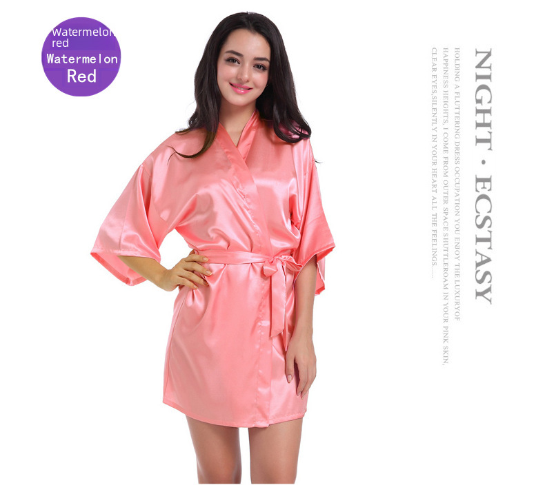 Cross-border Women's Twisted Sade Nightgown Bathrobe Solid Color Glossy Summer Thin Sexy Short Cardigan Gown_voghion.com