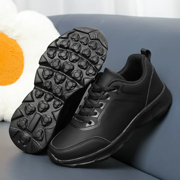 Waterproof Leather Sports Shoes for Women, Lightweight, All Black, Soft Sole, Non-Slip, Kitchen Work Shoes, Catering Safety Shoes