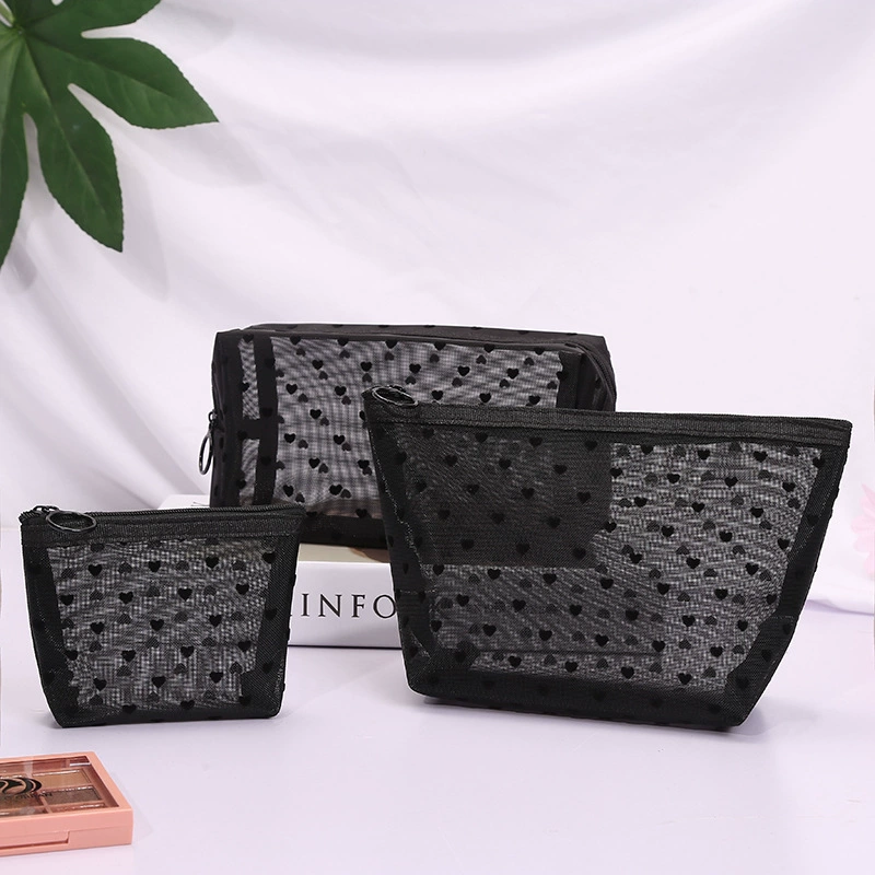 Cosmetic Bag, large-capacity transparent mesh nylon travel makeup pouch — portable lipstick & brush organizer