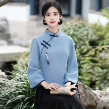 团购新款复古学生旗袍汉服女装斜襟盘扣年轻版茶服两件套唐装女