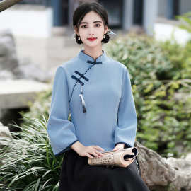 团购新款复古学生旗袍汉服女装斜襟盘扣年轻版茶服两件套唐装女