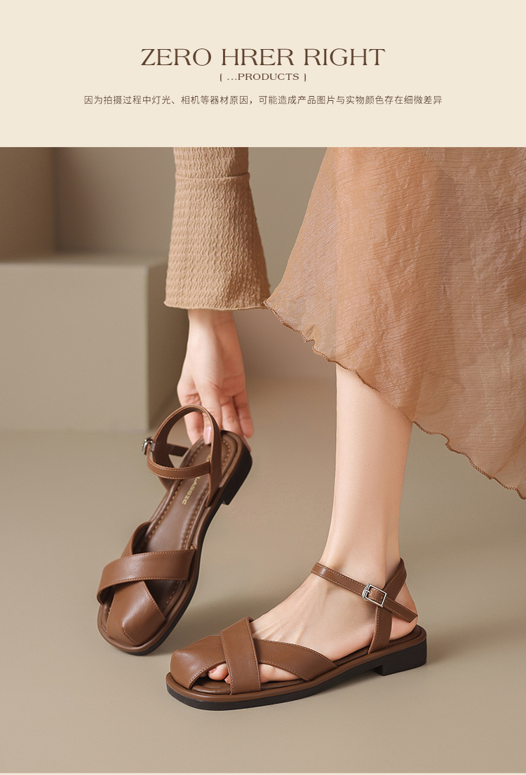Sandal nữ quai ngang kiểu La Mã phong cách Pháp, mũi hở bán bít, đế bằng thoáng khí — KN38 màu be chi tiết 17