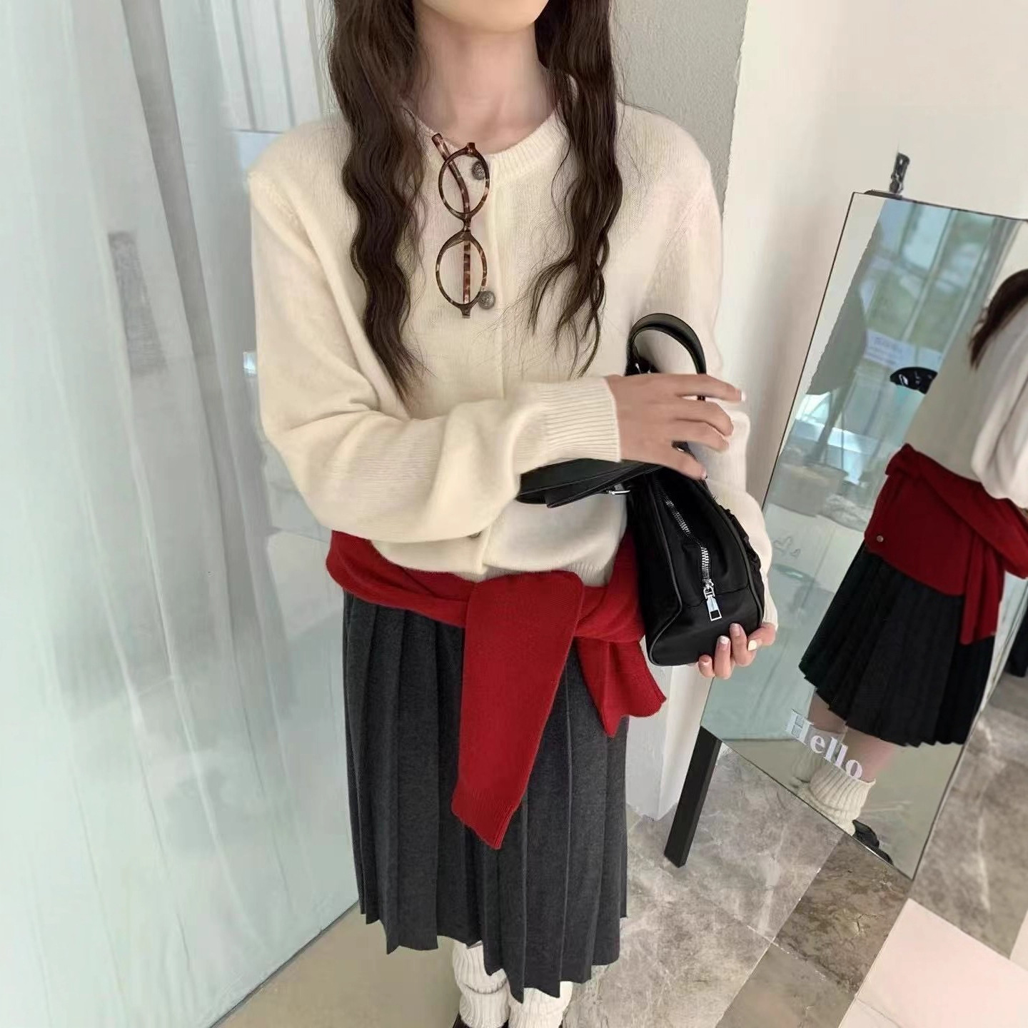 Cárdigan Corto de Punto para Mujer de Acrílico con Cuello Redondo y Manga Larga para Otoño e Invierno