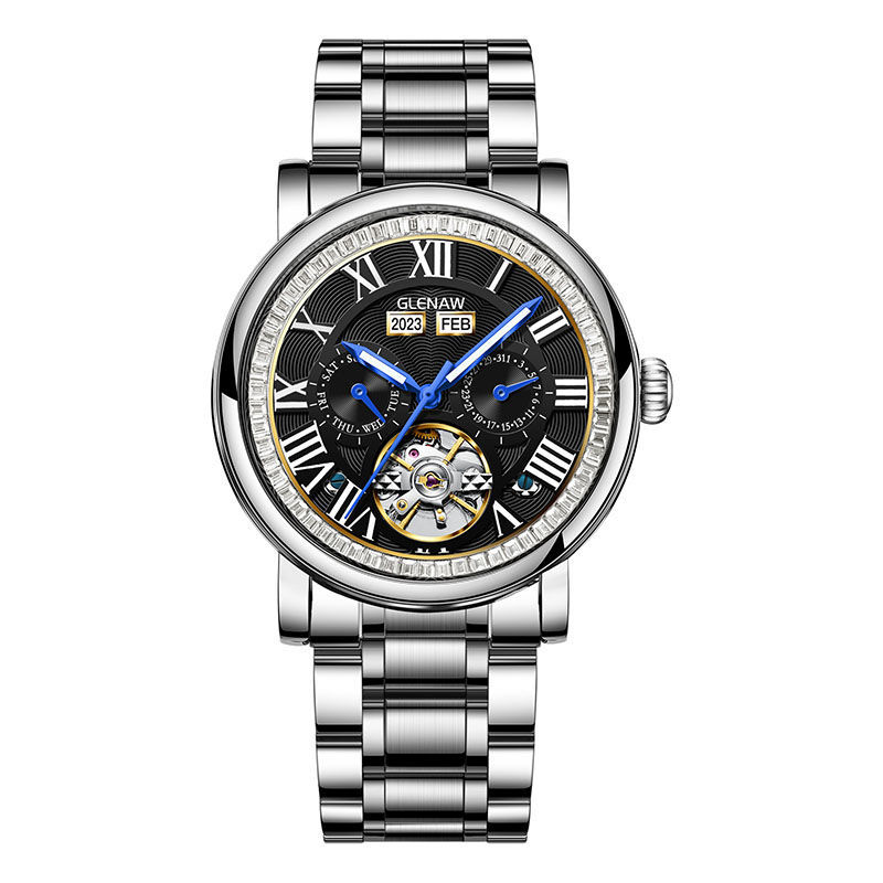 Đồng hồ nam cơ tự động Tourbillon lộ máy chống nước đa chức năng 8677 — 8677-Mặt đen vỏ bạc đai thép bạc, 8677-Vàng mặt bạc vỏ bạc đai thép