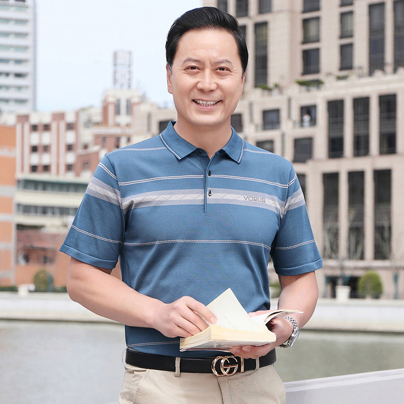 Camiseta de manga corta de seda de hielo de verano de papá camiseta de solapa de hombre de mediana edad suelta camisa de fondo de hombre de mediana edad y anciano