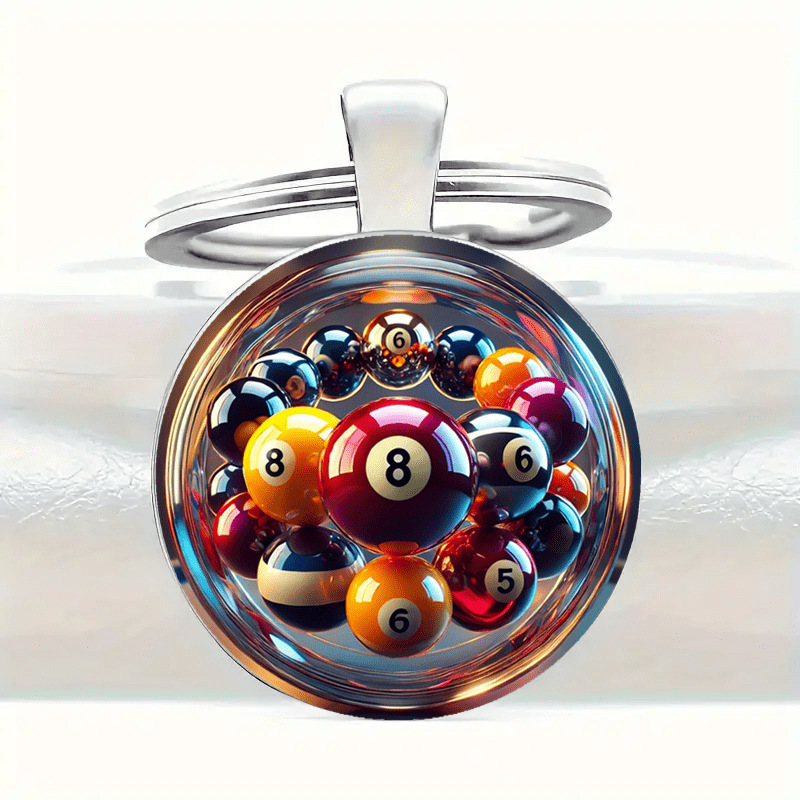 Billiard-themed glass keychain, creative car pendant, simulated colored ball accessory, cross-border best-selling gift