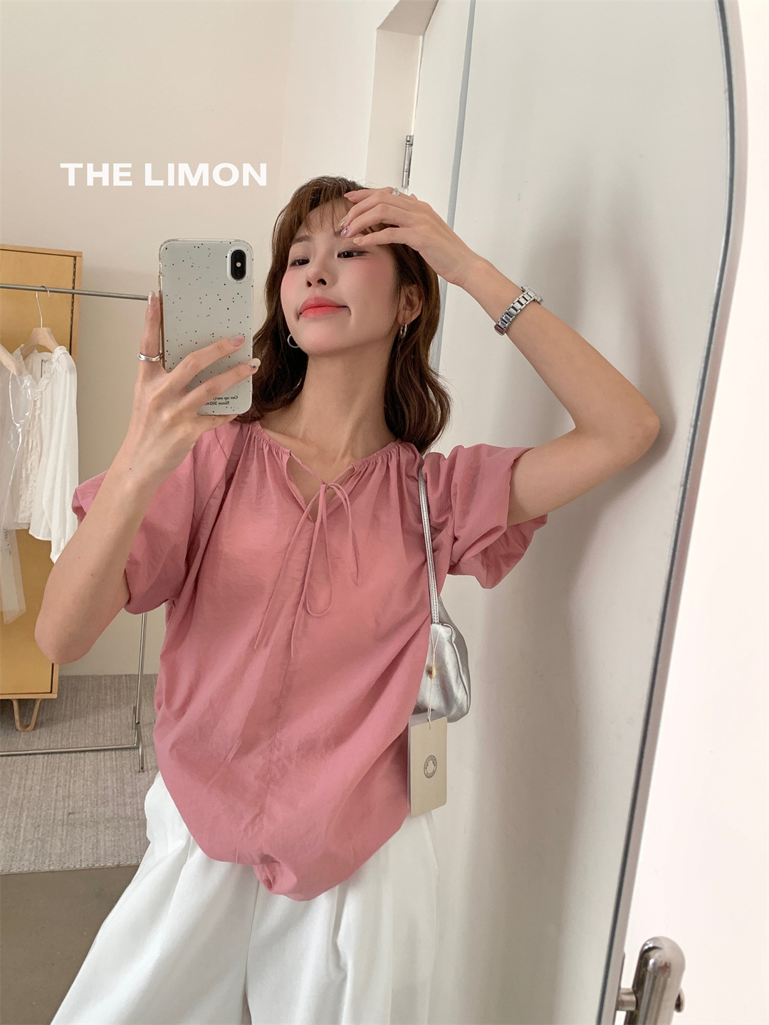 Liquidación, sin devoluciones ni cambios, camisa plisada con mangas abullonadas y cordones, estilo coreano, color verde limón, nueva colección de verano 2025 para mujer